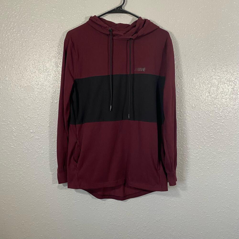 American Eagle Mens XS Hoodie Pullover Sweater Maroon Black Pockets Top Shirt